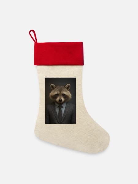 Waschbär im Anzug – Geschäftsstil - Leinen Weihnachtsstrumpf - Natur/Rot