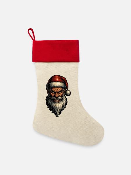 Düsterer Weihnachtsmann Fratze - Leinen Weihnachtsstrumpf - Natur/Rot