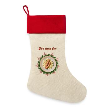 Weihnachten lustig - Weihnachtsessen - Heiligabend - Leinen Weihnachtsstrumpf - Natur/Rot  - Vorne