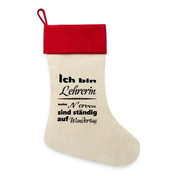 Lehrerin Spruch Lehrer Schule Beruf Geschenk - Leinen Weihnachtsstrumpf - Natur/Rot  - Vorne