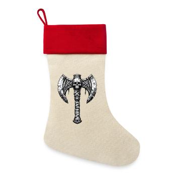 Axtwerfen Axt Totenkopf Design - Leinen Weihnachtsstrumpf - Natur/Rot  - Vorne