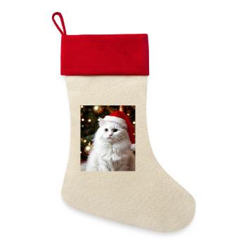 Weiße Katze mit Santa-Mütze,weihnachtlich - Leinen Weihnachtsstrumpf - Natur/Rot  - Vorne
