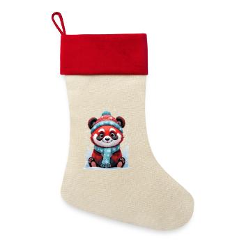 Winter Panda mit Mütze und Schal - Leinen Weihnachtsstrumpf - Natur/Rot  - Vorne
