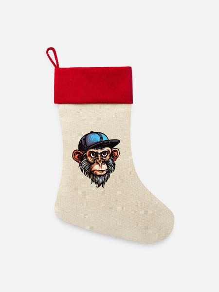 Lustiger Affe - Leinen Weihnachtsstrumpf - Natur/Rot