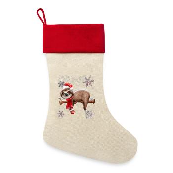 Weihnachten Faultier niedlich - Leinen Weihnachtsstrumpf - Natur/Rot  - Vorne