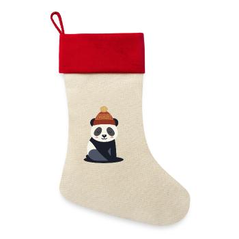 Niedlicher Panda mit Wintermütze – Wintermotiv - Leinen Weihnachtsstrumpf - Natur/Rot  - Vorne
