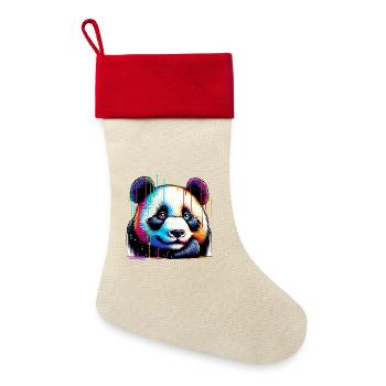 Panda - Leinen Weihnachtsstrumpf - Natur/Rot  - Vorne