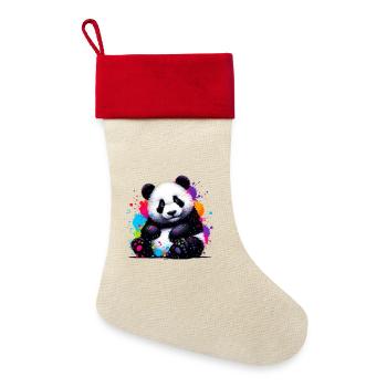 Panda - Leinen Weihnachtsstrumpf - Natur/Rot  - Vorne