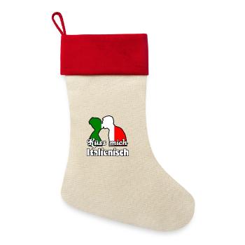 Küss mich Italienisch Geschenk - Leinen Weihnachtsstrumpf - Natur/Rot  - Vorne