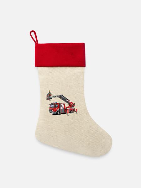 Feuerwehr Drehleiter mit Rettungskorb - Leinen Weihnachtsstrumpf - Natur/Rot