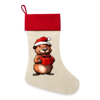 Biber Weihnachten / Weihnachtsmann Biber - Leinen Weihnachtsstrumpf - Natur/Rot  - Vorne