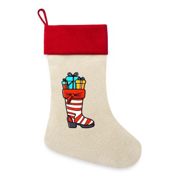 Bunter Weihnachtsstrumpf mit Geschenken - Leinen Weihnachtsstrumpf - Natur/Rot  - Vorne