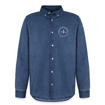 San Francisco - Golden Gate Bridge und Koordinaten - Männer Jeanshemd Organic von Stanley/Stella - verwaschenes Mittelblau  - Vorne - AI Model Male 185 light (185cm)