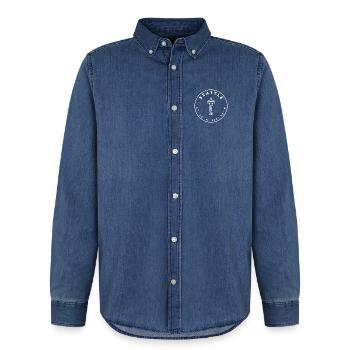 Seattle mit Space Needle und Koordinaten - Männer Jeanshemd Organic von Stanley/Stella - verwaschenes Mittelblau  - Vorne - AI Model Male 185 light (185cm)