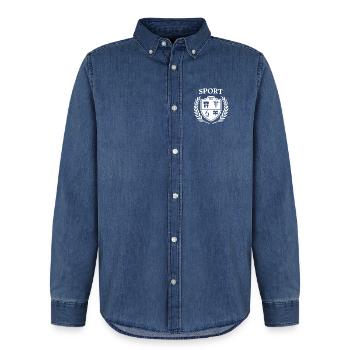 logo_sport_white_on_transparent - Männer Jeanshemd Organic von Stanley/Stella - verwaschenes Mittelblau  - Vorne - AI Model Male 185 light (185cm)