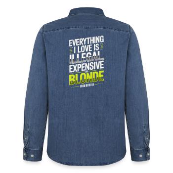 Everything I Love Illegal Expensive Blonde Men - Men’s Organic Denim Shirt by Stanley/Stella - mid washy  - Back - AI Model Male 185 light (185cm)