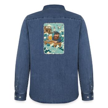 Last North Sea pub - Men’s Organic Denim Shirt by Stanley/Stella - mid washy  - Back - AI Model Male 185 light (185cm)