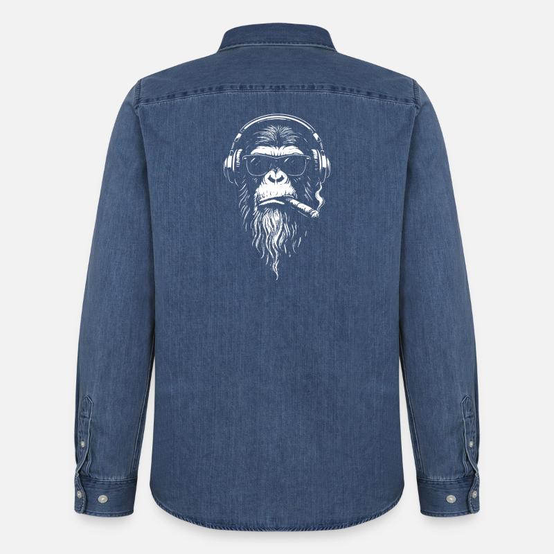 Chill DJ Monkey mit Kopfhörern - Männer Jeanshemd Organic von Stanley/Stella - verwaschenes Mittelblau 