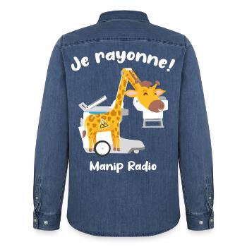 Je rayonne Manip radio Girafe Radiologie médicale - Chemise en denim homme bio Stanley/Stella - bleu moyen délavé  - Dos - AI Model Male 185 light (185cm)