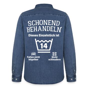 Schonend Behandeln 14. Geburtstag Einzelstück 14 - Männer Jeanshemd Organic von Stanley/Stella - verwaschenes Mittelblau  - Hinten - AI Model Male 185 light (185cm)