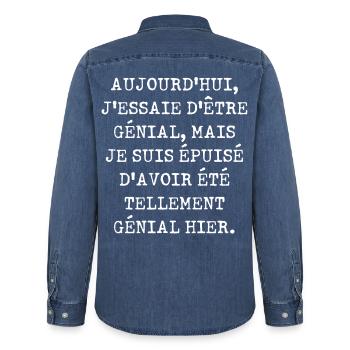 Aujourd'hui j'essaie d'être génial - Chemise en denim homme bio Stanley/Stella - bleu moyen délavé  - Dos - AI Model Male 185 light (185cm)