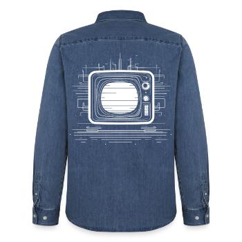 Oldschool TV Sketch - Men’s Organic Denim Shirt by Stanley/Stella - mid washy  - Back - AI Model Male 185 light (185cm)