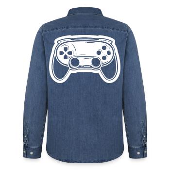 Video Game Controller Drawing - Men’s Organic Denim Shirt by Stanley/Stella - mid washy  - Back - AI Model Male 185 light (185cm)