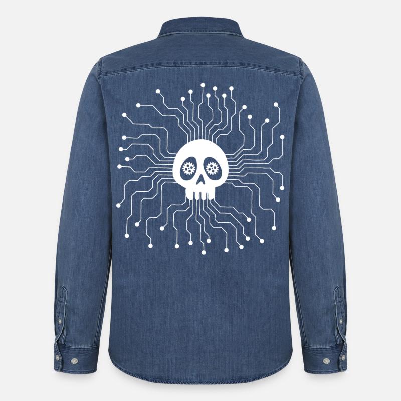 White Microprocessor Skull - Men’s Organic Denim Shirt by Stanley/Stella - mid washy
