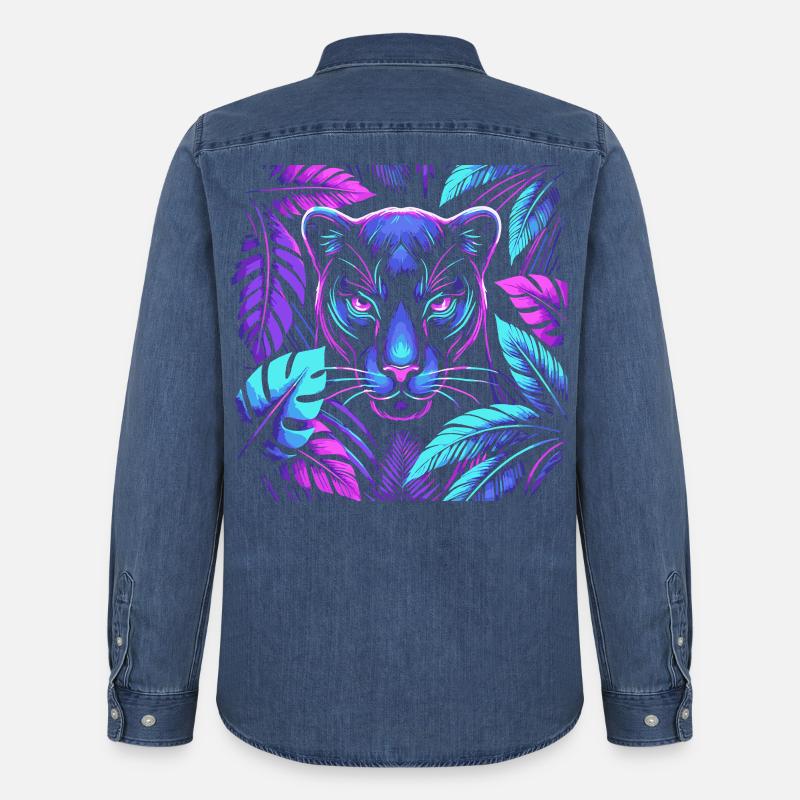 Lebendiger Panther mit tropischen Blättern Design - Männer Jeanshemd Organic von Stanley/Stella - verwaschenes Mittelblau 