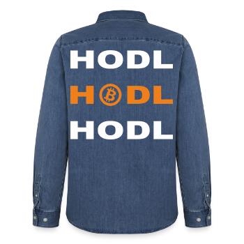 Bitcoin - Hodl Hodl Hodl - Männer Jeanshemd Organic von Stanley/Stella - verwaschenes Mittelblau  - Hinten - AI Model Male 185 light (185cm)