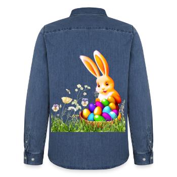Lapin de Pâques avec des œufs colorés - Chemise en denim homme bio Stanley/Stella - bleu moyen délavé  - Dos - AI Model Male 185 light (185cm)