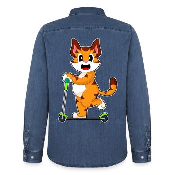 Tiger Scooter - Men’s Organic Denim Shirt by Stanley/Stella - mid washy  - Back - AI Model Male 185 light (185cm)
