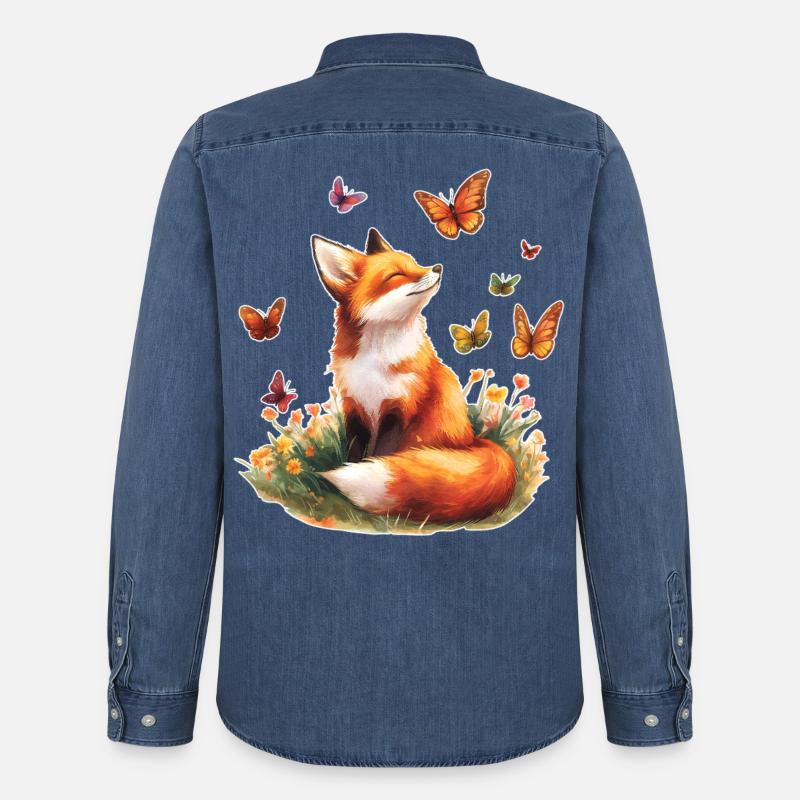 Fuchs mit Schmetterlingen - Männer Jeanshemd Organic von Stanley/Stella - verwaschenes Mittelblau 