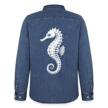 Sea horse - Men’s Organic Denim Shirt by Stanley/Stella - mid washy  - Back - AI Model Male 185 light (185cm)