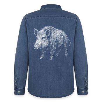 Wild boar - Men’s Organic Denim Shirt by Stanley/Stella - mid washy  - Back - AI Model Male 185 light (185cm)