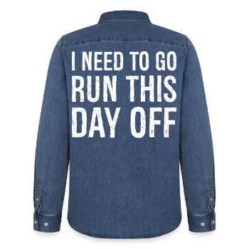I need to go run this day off - Men’s Organic Denim Shirt by Stanley/Stella - mid washy  - Back - AI Model Male 185 light (185cm)