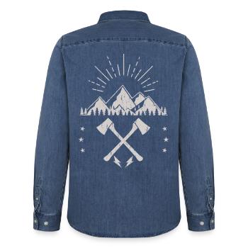 Rugged Mountain Sunrise Axe Emblem - Men’s Organic Denim Shirt by Stanley/Stella - mid washy  - Back - AI Model Male 185 light (185cm)