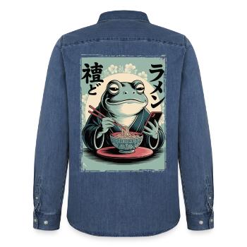 Funny frog, grumpy, Japanese art, ramen - Men’s Organic Denim Shirt by Stanley/Stella - mid washy  - Back - AI Model Male 185 light (185cm)