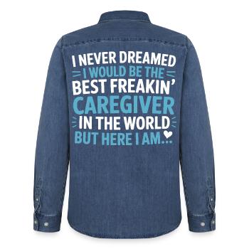 Best Nurse in the World Design - Men’s Organic Denim Shirt by Stanley/Stella - mid washy  - Back - AI Model Male 185 light (185cm)