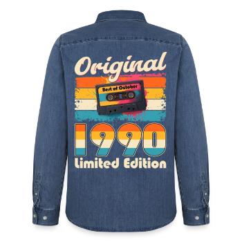 35th Birthday Cassette October Year 1990 - Men’s Organic Denim Shirt by Stanley/Stella - mid washy  - Back - AI Model Male 185 light (185cm)
