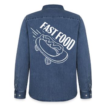 Fast Hot Dog Skateboard Longboard - Men’s Organic Denim Shirt by Stanley/Stella - mid washy  - Back - AI Model Male 185 light (185cm)