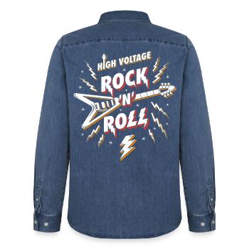 Hochspannungs-Rock'n'Roll-Gitarre - Männer Jeanshemd Organic von Stanley/Stella - verwaschenes Mittelblau  - Hinten - AI Model Male 185 light (185cm)