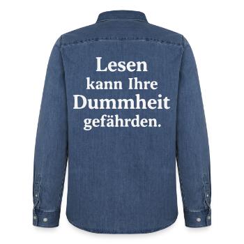 Lire peut mettre en péril votre stupidité - Chemise en denim homme bio Stanley/Stella - bleu moyen délavé  - Dos - AI Model Male 185 light (185cm)