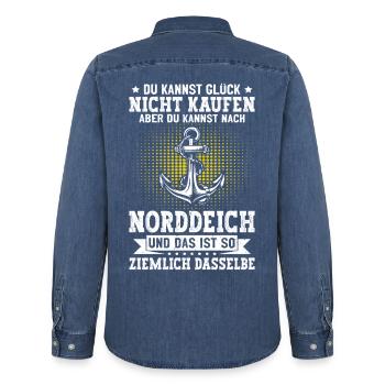 MER DU NORD TU NE PEUX PAS ACHETER LE BONHEUR MAIS APRÈS - Chemise en denim homme bio Stanley/Stella - bleu moyen délavé  - Dos - AI Model Male 185 light (185cm)