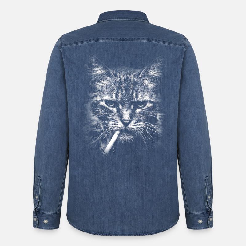 Rauchen, Zigarette, Katze raucht eine Zigarette - Männer Jeanshemd Organic von Stanley/Stella - verwaschenes Mittelblau 