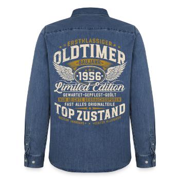 70. Geburtstag 1956 Oldtimer Geschenk Retro - Männer Jeanshemd Organic von Stanley/Stella - verwaschenes Mittelblau  - Hinten - AI Model Male 185 light (185cm)