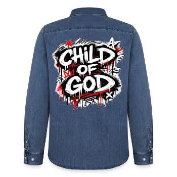 Lettrage graffiti Child of God - Chemise en denim homme bio Stanley/Stella - bleu moyen délavé  - Dos - AI Model Male 185 light (185cm)
