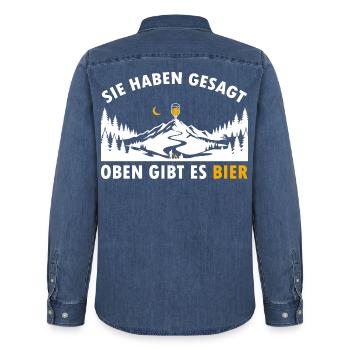 Sie haben gesagt oben gibt es Bier auf dem Berg - Männer Jeanshemd Organic von Stanley/Stella - verwaschenes Mittelblau  - Hinten - AI Model Male 185 light (185cm)