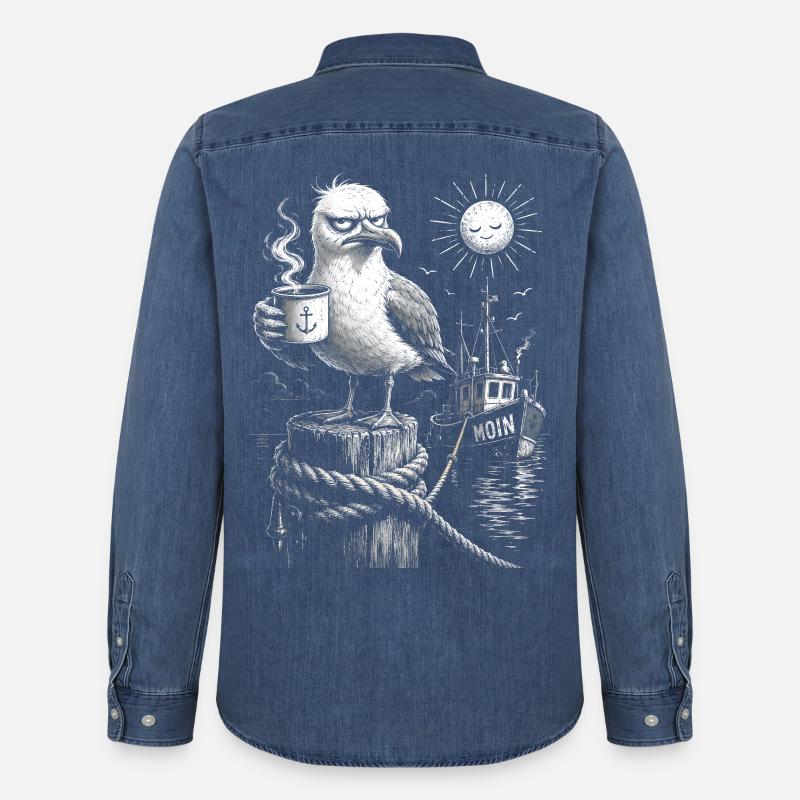 MOIN – Grumpy Seagull with Coffee - Men’s Organic Denim Shirt by Stanley/Stella - mid washy