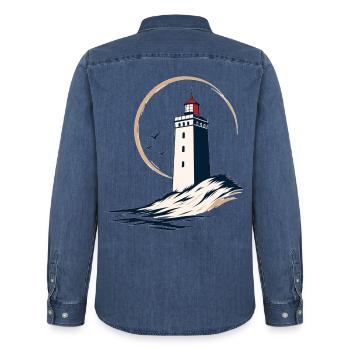 Rubjerg Knude Leuchtturm – Dänemark - Männer Jeanshemd Organic von Stanley/Stella - verwaschenes Mittelblau  - Hinten - AI Model Male 185 light (185cm)